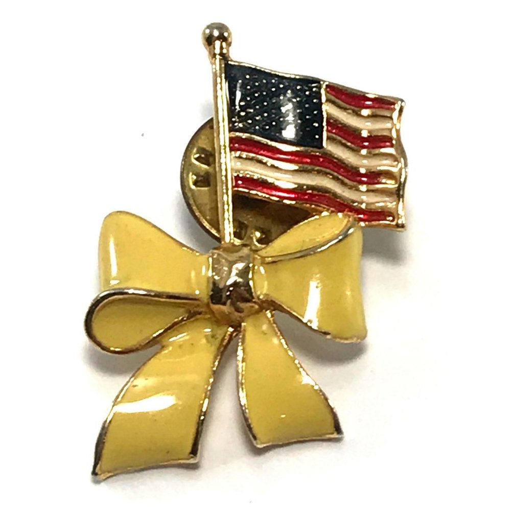 Enamel Patriotic American Flag and Yellow Ribbon Tie Tack Lapel Pin Gold Tone